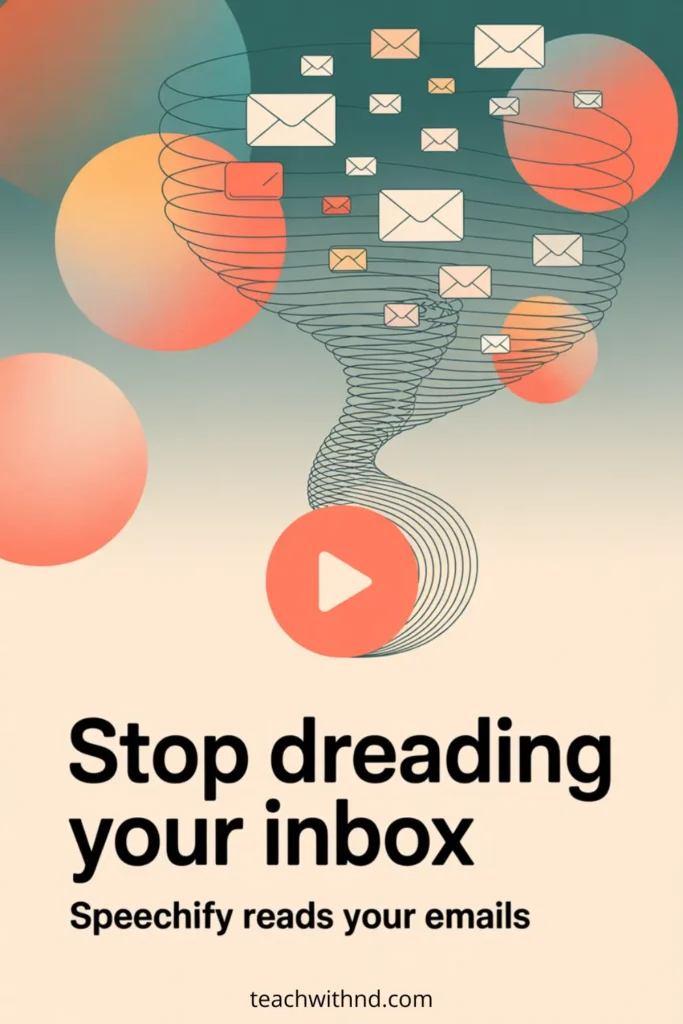 Text-to-speech concept showing floating message envelopes swirling into a play button icon with the headline ‘Stop dreading your inbox - Speechify reads your emails,’ promoting audio support for overwhelmed teachers. teachwithnd.com on the bottom