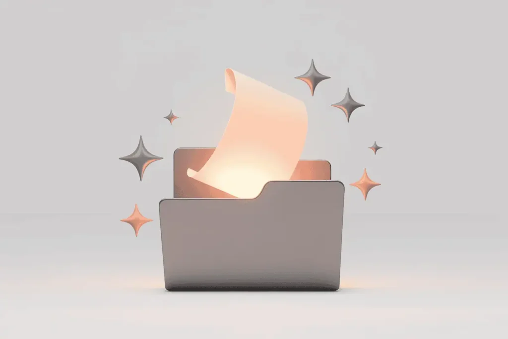 25 Best Side Hustles for Teachers (That Work in Real Life) 7 3D light gray folder with a glowing sheet of paper inside and sparkles floating around it on a neutral background.