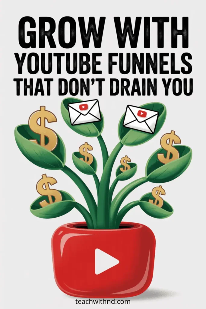 Plant with YouTube envelopes and dollar signs growing from a red play-button pot; text says "Grow With YouTube Funnels That Don’t Drain You."