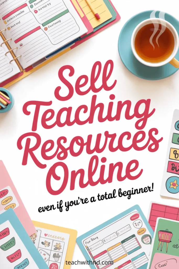 Flat lay of colorful teacher planners, worksheets, and a cup of tea arranged around bold pink text that says “Sell Teaching Resources Online — even if you’re a total beginner!” The website teachwithnd.com appears at the bottom.
