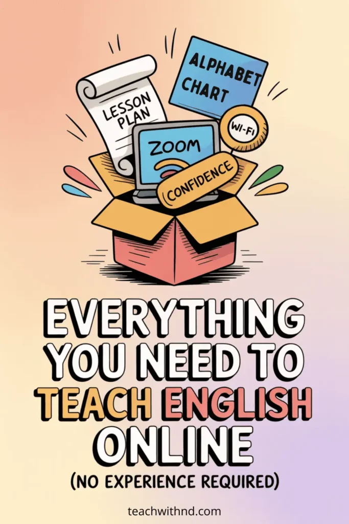 Illustrated teaching supplies bursting from a box, labeled with Wi-Fi, lesson plan, Zoom, and confidence, representing how to teach English online with no experience.