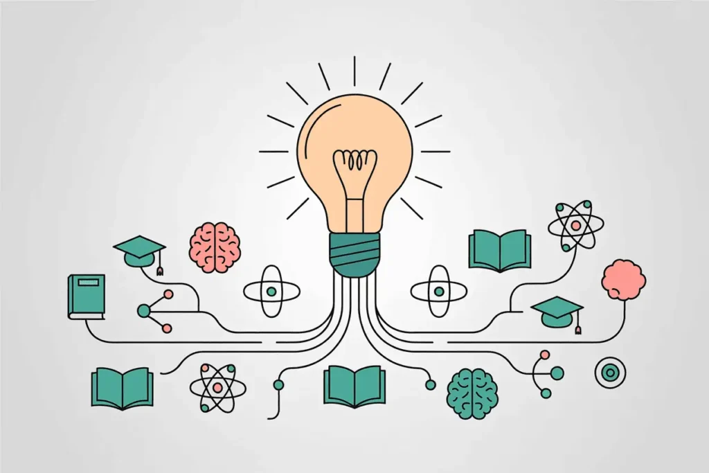 “Decorative graphic of a glowing lightbulb with lines extending outward to connect to icons of books, brains, and science symbols.”