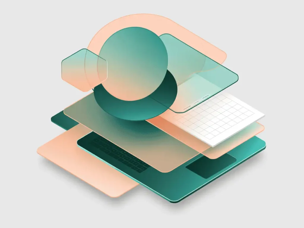 Stylized 3D image of layered translucent shapes forming a laptop, calendar, and geometric forms in teal and peach tones, symbolizing digital multitasking and side income systems.