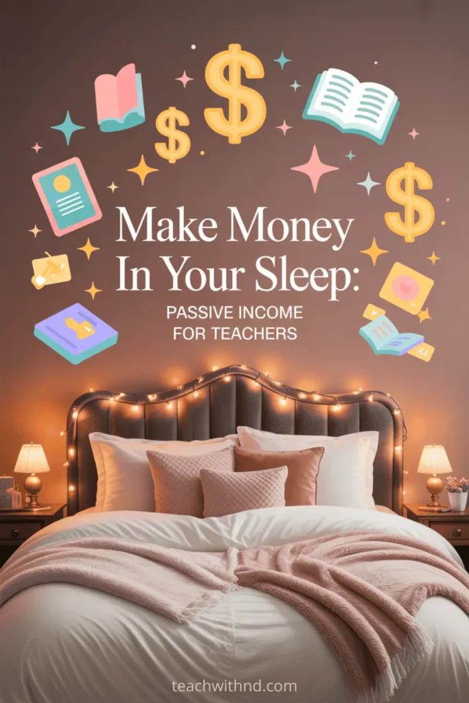  Warm-toned image of a cozy bedroom with string lights and money icons floating above the bed, titled “Make Money in Your Sleep: Passive Income for Teachers.”


