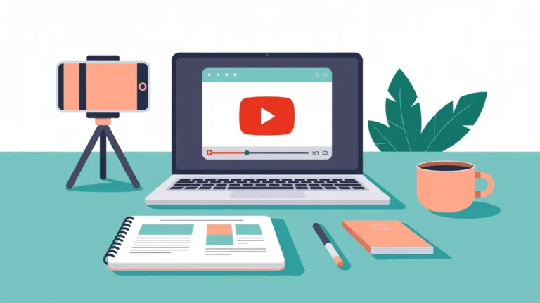 Flat vector illustration of a content creator workspace with a laptop showing a video platform screen, a smartphone on a tripod, notebook, and coffee mug. Teal and peach color palette. Represents monetizing educational content on YouTube.