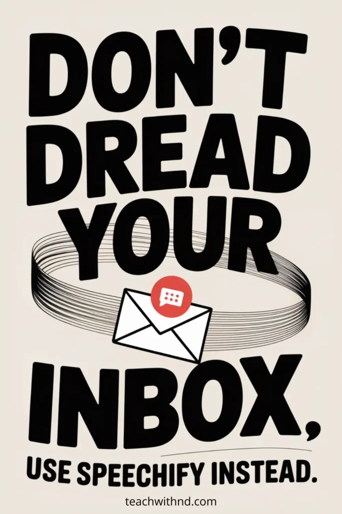 “Large bold text saying ‘Don’t dread your inbox, use Speechify instead’ with a drawn email icon and wavy audio lines, illustrating how Speechify can read school emails aloud for teachers.