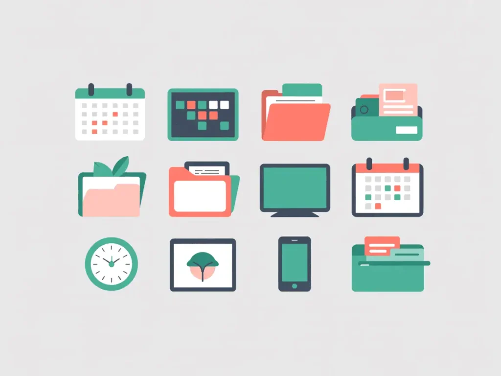 Colorful flat icons of folders, calendars, phones, and screens, representing tools needed for teaching English online. 