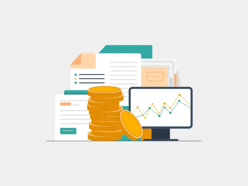 Multiple documents, a stack of coins, and a computer screen with financial charts, representing the accumulation of passive income from various online sources.