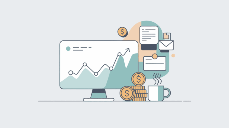 Flat illustration of a desktop monitor showing a rising line graph, surrounded by coins, a coffee mug, and digital elements like documents and an envelope, representing online passive income streams for teachers.
