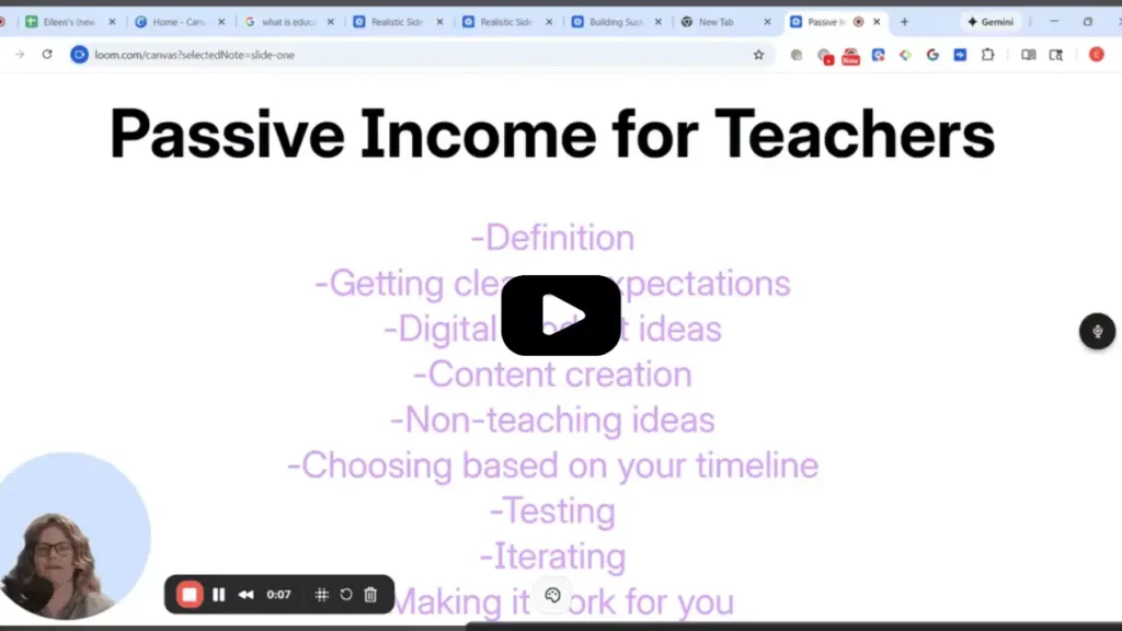 Text on a screen reading Passive Income for Teachers with Eileen Guevara speaking at the bottom left.
