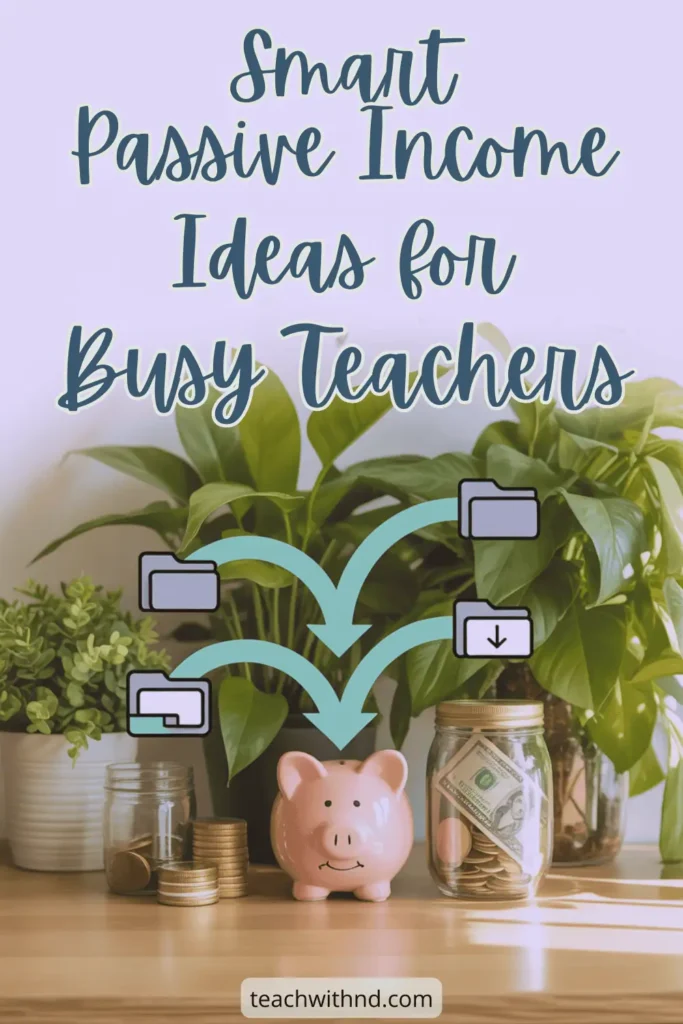 Soft-toned pin with piggy bank, green houseplants, and folders pointing to income jar, promoting passive income strategies for busy teachers.