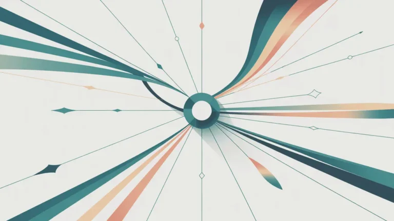Abstract starburst design with teal and peach ribbons and lines radiating outward from a circular center on a light background.