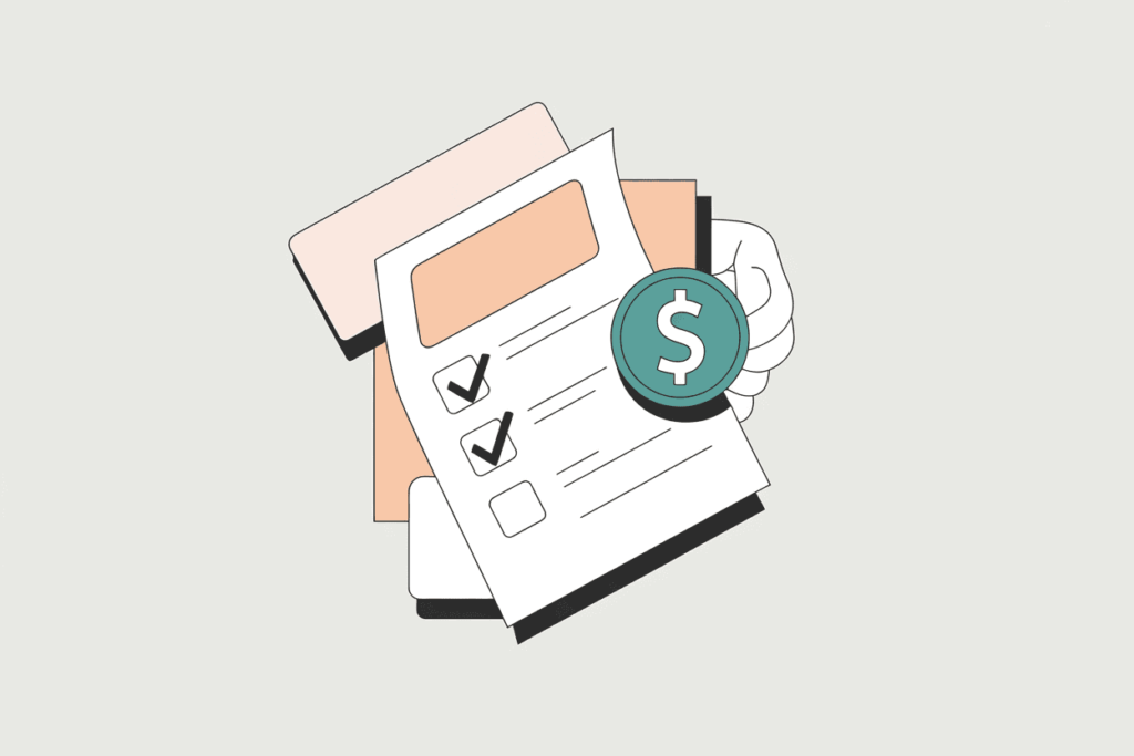 Stacked papers, featuring a checklist and a teal circle with a dollar sign on it.