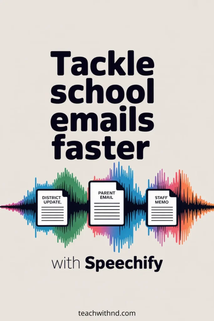 Colorful audio waveform supporting three labeled documents — district update, parent email, staff memo — with the headline ‘Tackle school emails faster with Speechify,’ highlighting how teachers can listen to emails instead of reading them.