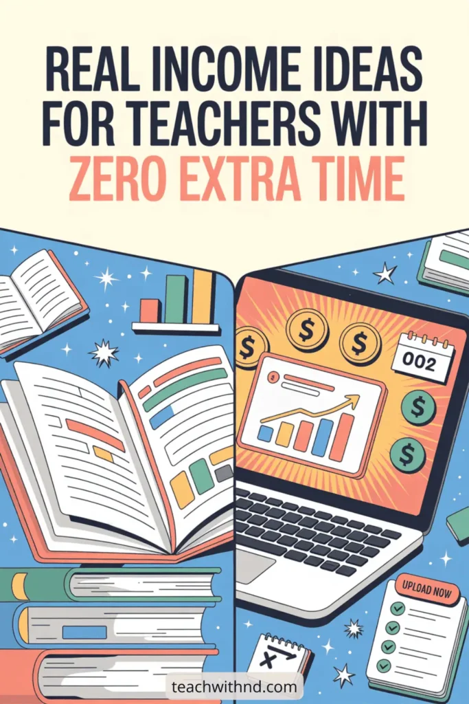 Illustrated split screen of open books and a laptop with income charts, surrounded by dollar signs and teaching icons, with bold text "Real income ideas for teachers with zero extra time."