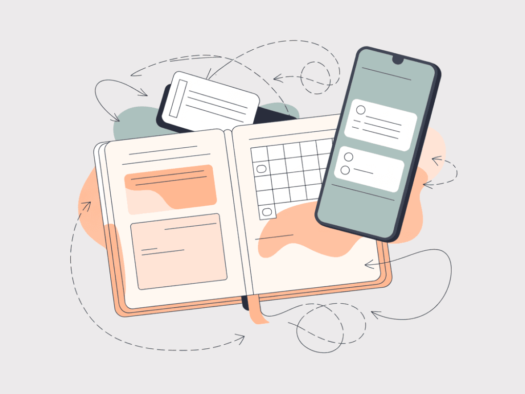 Illustration of an open paper planner and smartphone surrounded by arrows and task cards, visualizing scheduling and mobile-friendly side hustle tracking.