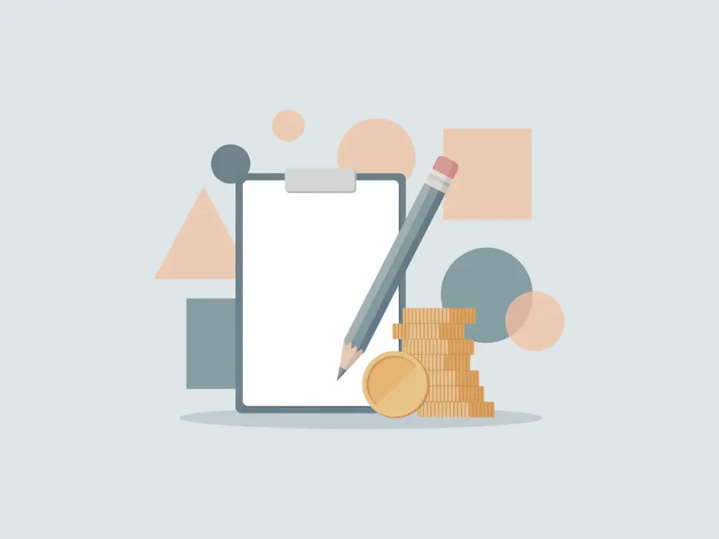 Flat-style illustration of a clipboard with a pencil and stacked gold coins, set against abstract shapes, representing planning and earning opportunities.