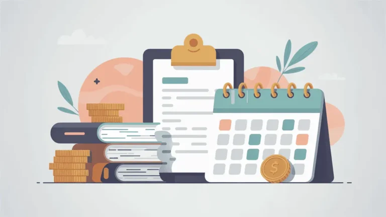 Stacked books, clipboard, gold coins, and a desktop calendar set against soft shapes, representing time management and financial planning for teachers.