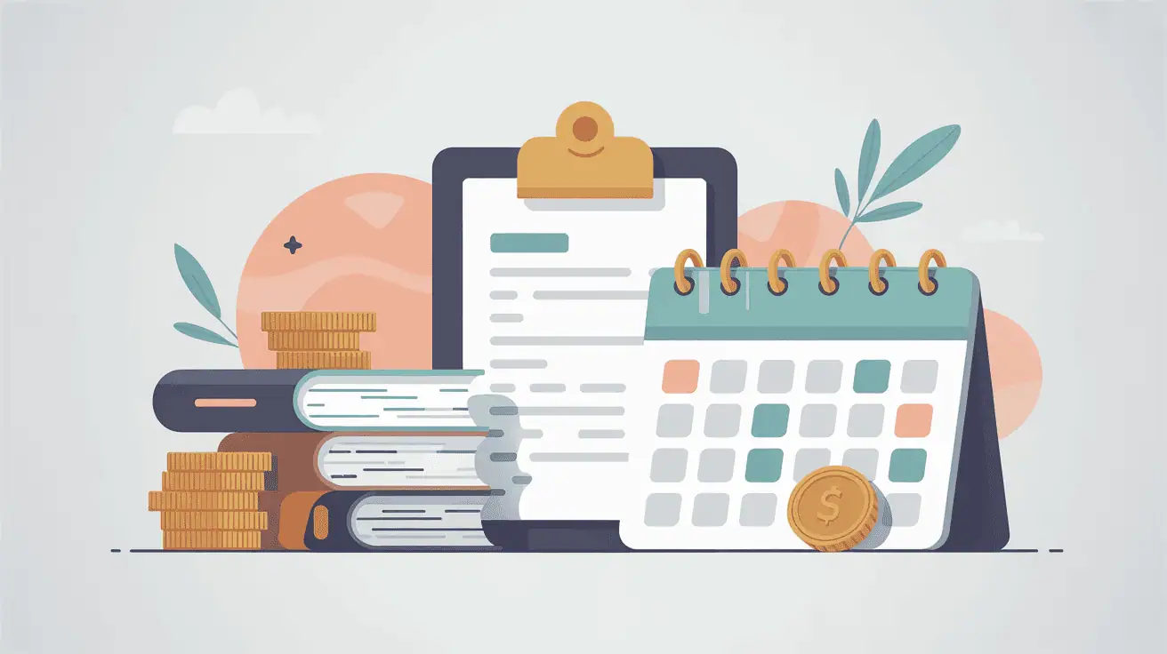 Stacked books, clipboard, gold coins, and a desktop calendar set against soft shapes, representing time management and financial planning for teachers.