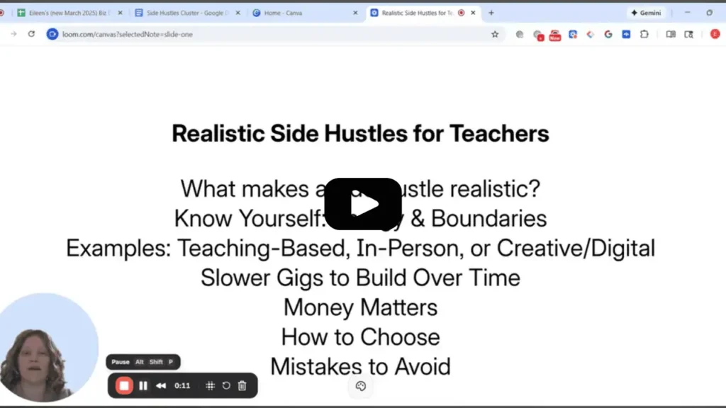 Text reading Realistic Side Hustles for Teachers with Eileen Guevara speaking in the bottom left hand corner.