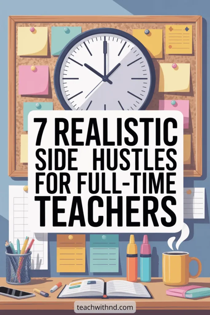  Illustrated workspace with large wall clock, sticky notes, open books, and coffee mug, focused on time-efficient side hustles for full-time teachers.
