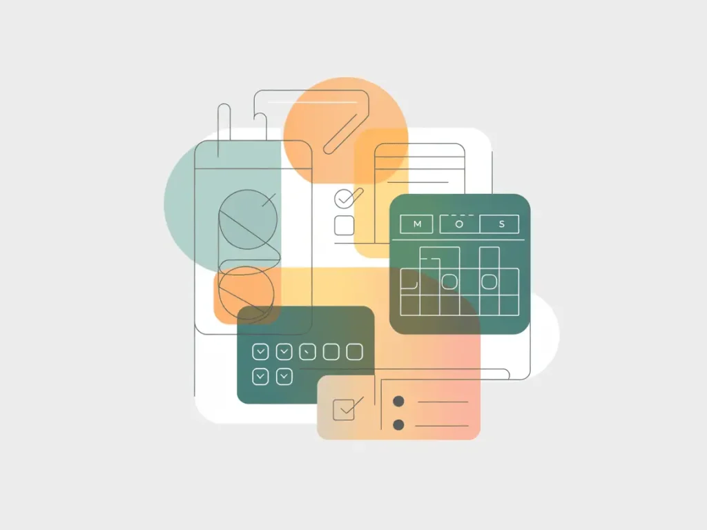 Abstract layered illustration featuring a smartphone, calendar, checklists, and charts in soft teal, peach, and mustard tones, symbolizing organized multitasking for teacher side hustles.