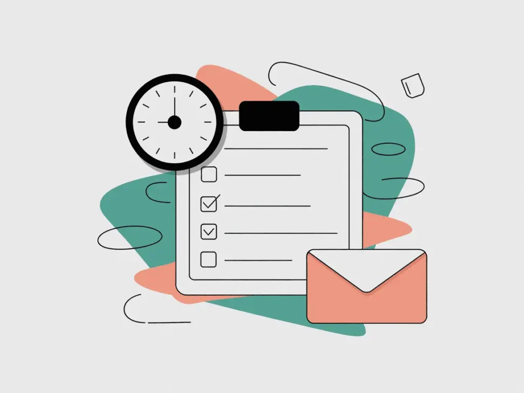 Alt text: Hand-drawn-style image with a checklist clipboard, clock, and peach-colored envelope over dynamic teal and peach background swirls, emphasizing structured time use.