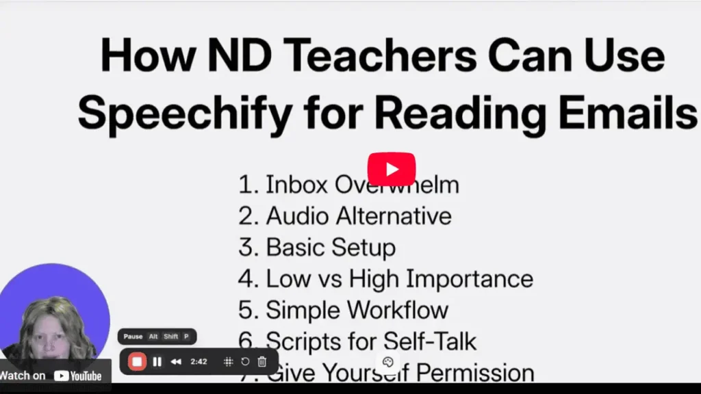 Text on screen reads How ND Teachers Can Use Speechify for Reading Emails and has a list of discussion items. Eileen Guevara is shown in the bottom left hand corner.
