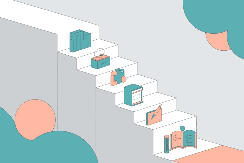 “Decorative illustration of a step-like staircase with small education icons such as books, puzzles, and writing tools placed on each level.”
