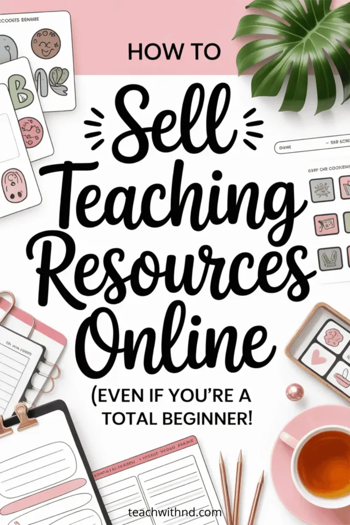 Flat lay of pink and white teaching planners, stickers, and a cup of tea around bold text that reads “How to Sell Teaching Resources Online (Even if You’re a Total Beginner!).” The website teachwithnd.com appears at the bottom.
