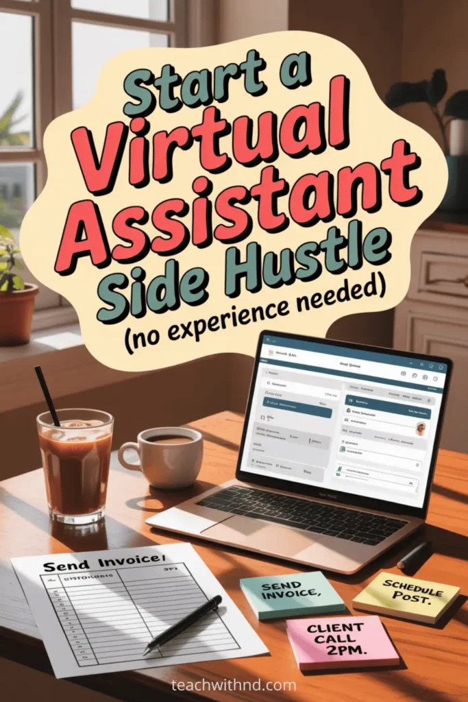 Iced coffee and laptop on desk with sticky notes that say “Schedule Post” and “Send Invoice,” promoting starting a virtual assistant side hustle.
