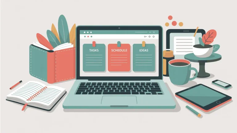 Clean vector illustration of a digital home office with a laptop displaying task dashboards, planner, smartphone, and coffee. Soft teal and coral tones. Represents starting a virtual side hustle from home.