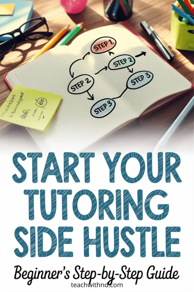 Open notebook with a drawn planning chart labeled Step 1, Step 2, and Step 3 on a grid page, surrounded by pencils, sticky notes, and glasses on a teacher’s desk, with large text that reads “Start Your Tutoring Side Hustle — Beginner’s Step-by-Step Guide.” The website teachwithnd.com appears at the bottom.
