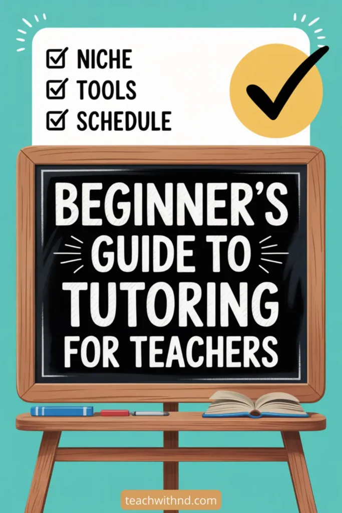 Chalkboard-style graphic that reads “Beginner’s Guide to Tutoring for Teachers,” with a checklist above labeled Niche, Tools, and Schedule, and books and pens arranged along the stand. The website teachwithnd.com appears at the bottom.
