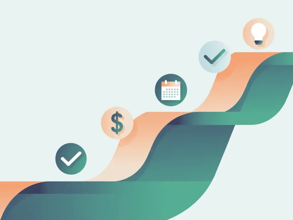 “Illustration of a multi-step path with icons for checklist, money, calendar, and idea—representing steps to start a virtual assistant business.”