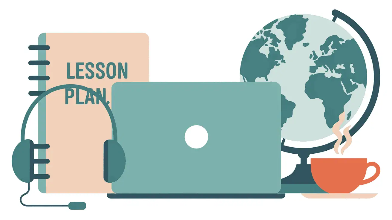 Modern vector illustration of a laptop with headphones, a lesson plan notebook, and a globe on a desk. Clean flat design with teal and peach accents. Represents teaching English online from home with no prior experience.