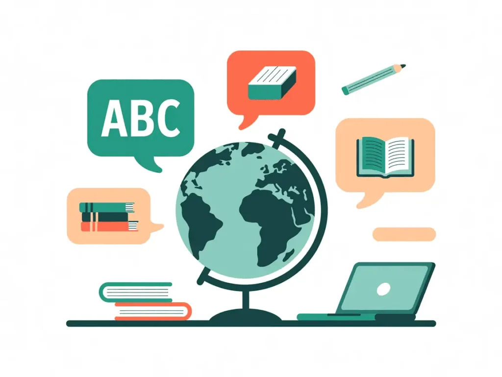 Globe with learning icons like ABC, books, and a laptop, illustrating global reach of teaching English online. 