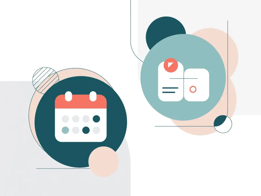 Minimalist graphic with a red and white calendar icon and a teal video play card icon, representing flexible scheduling and digital content creation.