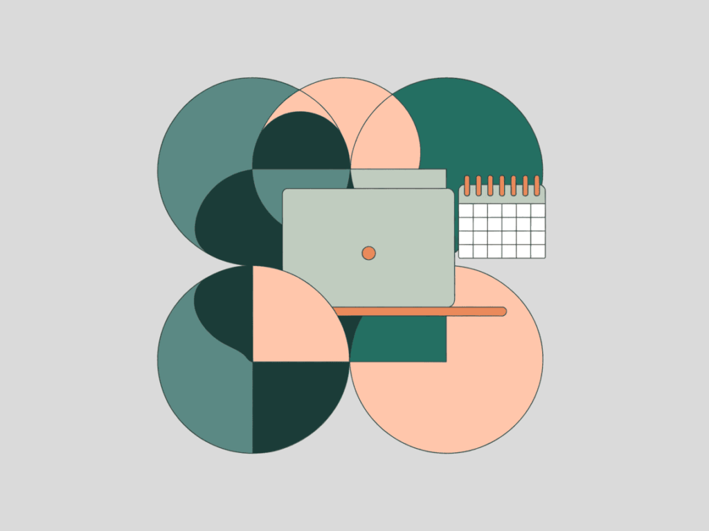 Flat graphic of a laptop and standing calendar surrounded by layered teal and peach circles, representing work-life integration and digital side hustle tools.