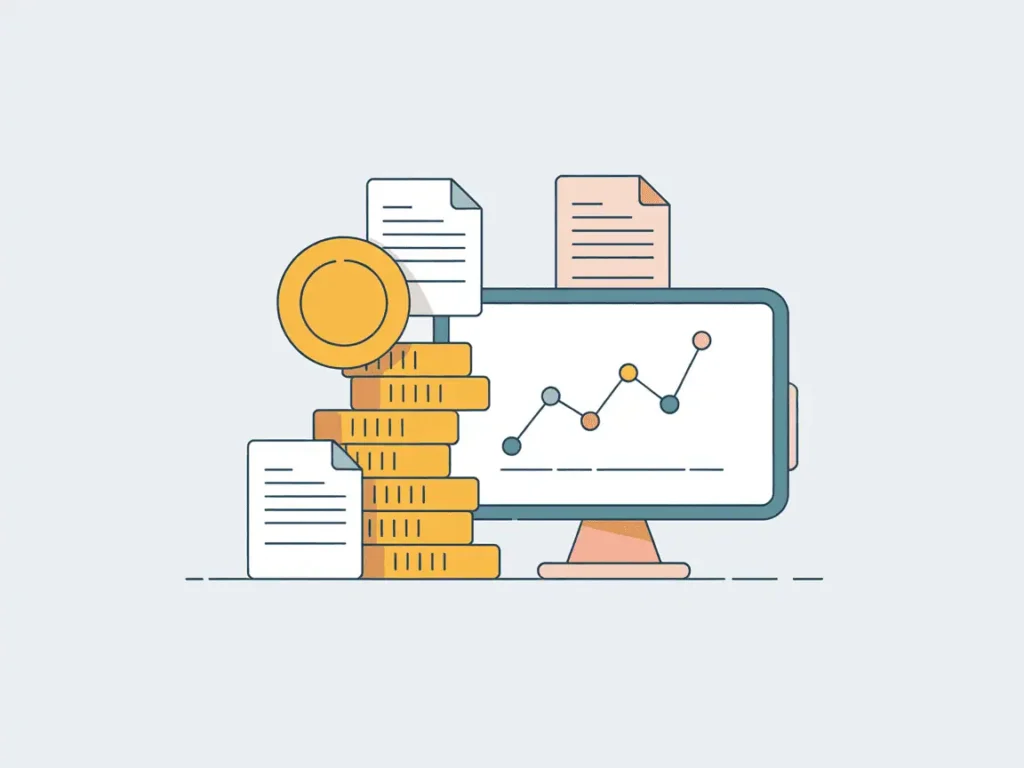 Stack of gold coins next to a computer screen displaying a financial line graph, surrounded by digital documents, illustrating data-driven passive income growth.