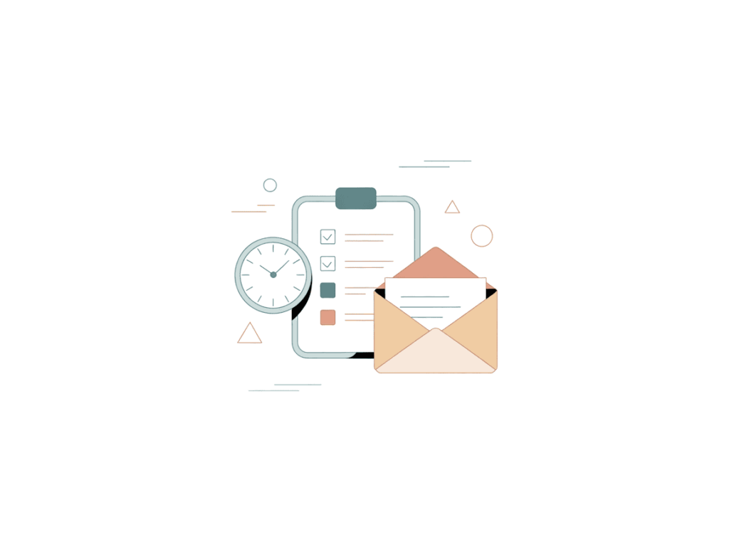 Softly colored illustration with a checklist clipboard, wall clock, and an open envelope containing papers, reflecting time-conscious communication and task tracking.