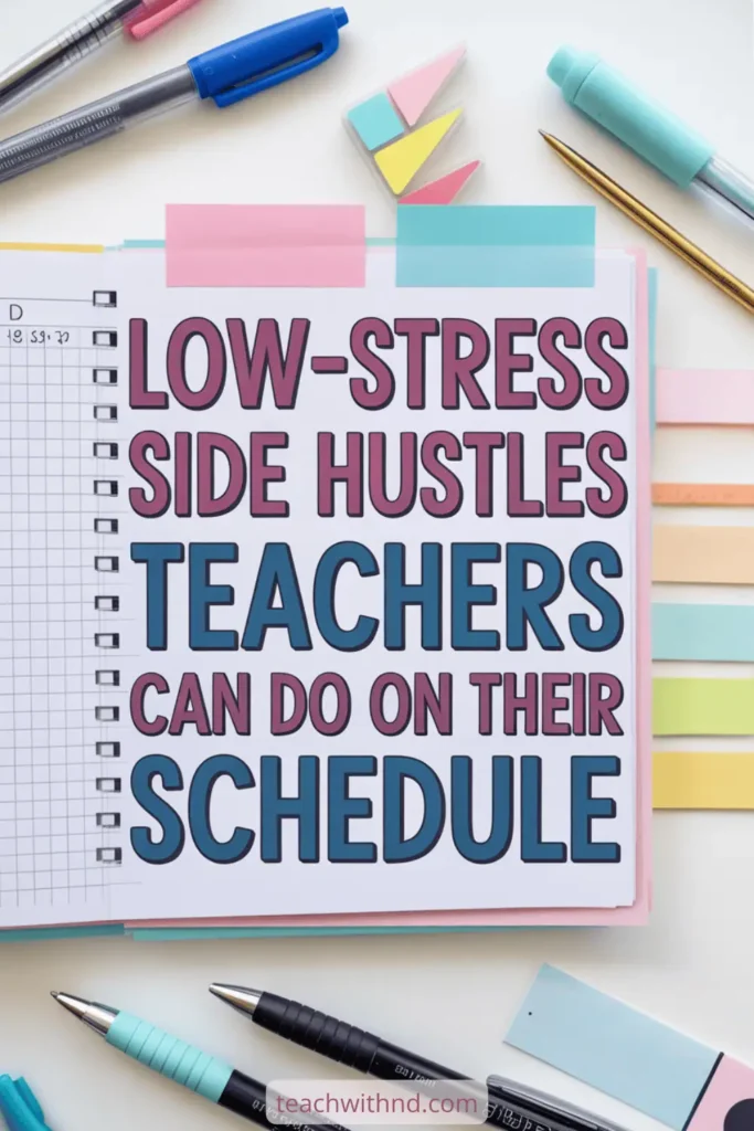 Minimalist flat lay with graph paper notebook, pens, and pastel stationery showing the text "Low-stress side hustles teachers can do on their schedule."