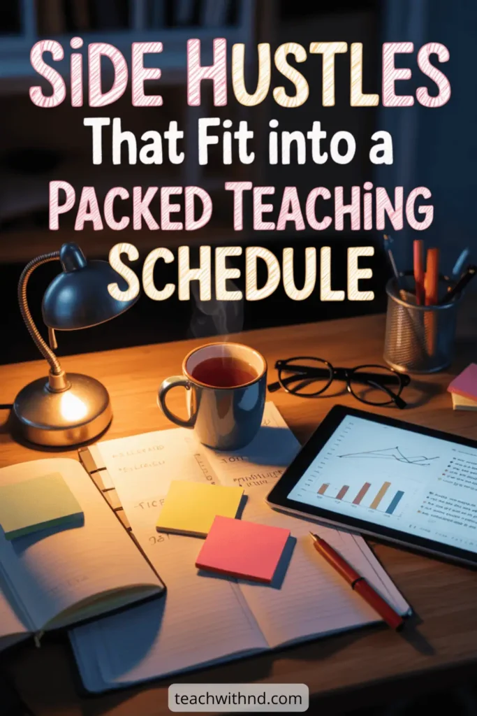 Evening teacher desk with tablet showing a graph, steaming tea, sticky notes, and open planners, with headline "Side hustles that fit into a packed teaching schedule."