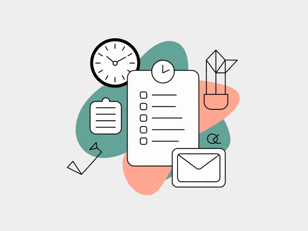 Minimal line art with a checklist, clock, envelope, and abstract plant shapes over peach and teal blobs, symbolizing balanced productivity and side work organization.