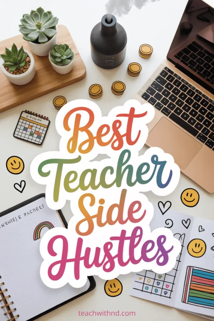 25 Best Side Hustles for Teachers (That Work in Real Life) 10 Alt text: Bright workspace scene featuring a laptop, succulents, coins, a diffuser, and colorful doodles around the handwritten-style text “Best Teacher Side Hustles.” The website teachwithnd.com appears at the bottom.