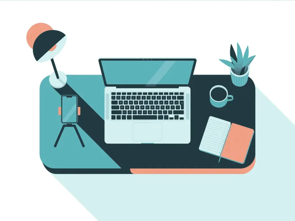 Flatlay of a teacher's YouTube setup with laptop, phone on tripod, notebook, and coffee, ideal for creating educational videos. 