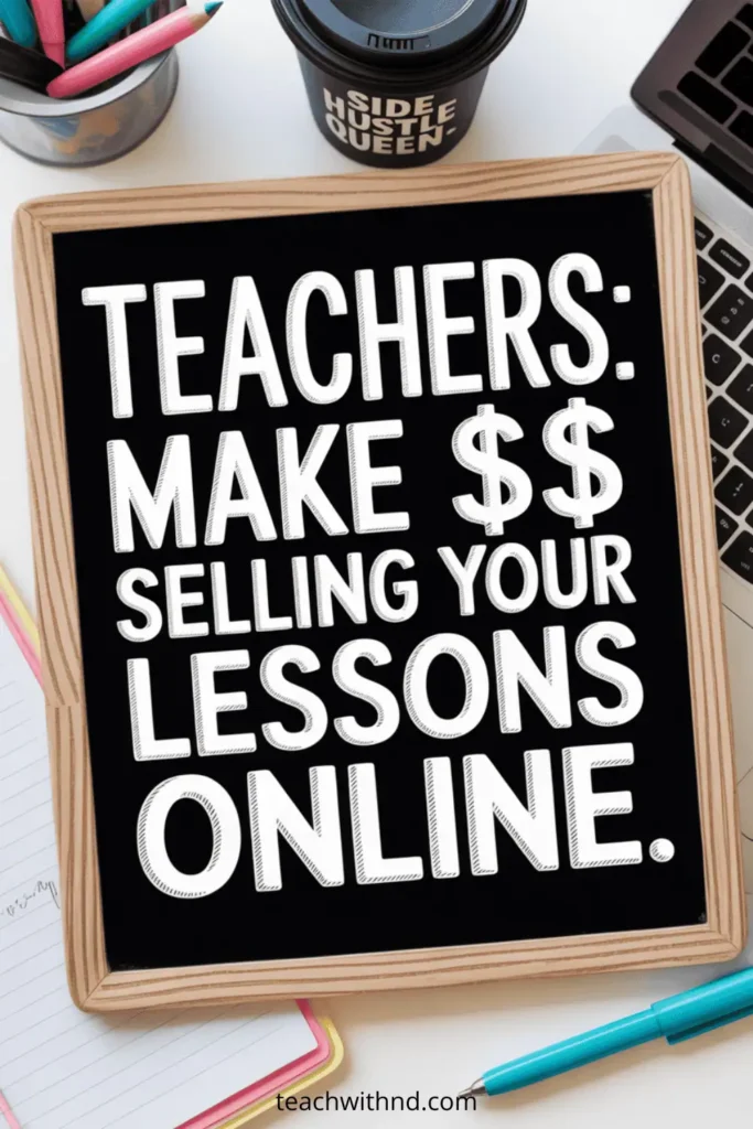 Blackboard-style sign with chalk lettering that says “Teachers: Make $$ Selling Your Lessons Online,” surrounded by colorful pens, a laptop, and a coffee cup that says “Side Hustle Queen.” The website teachwithnd.com appears at the bottom.
