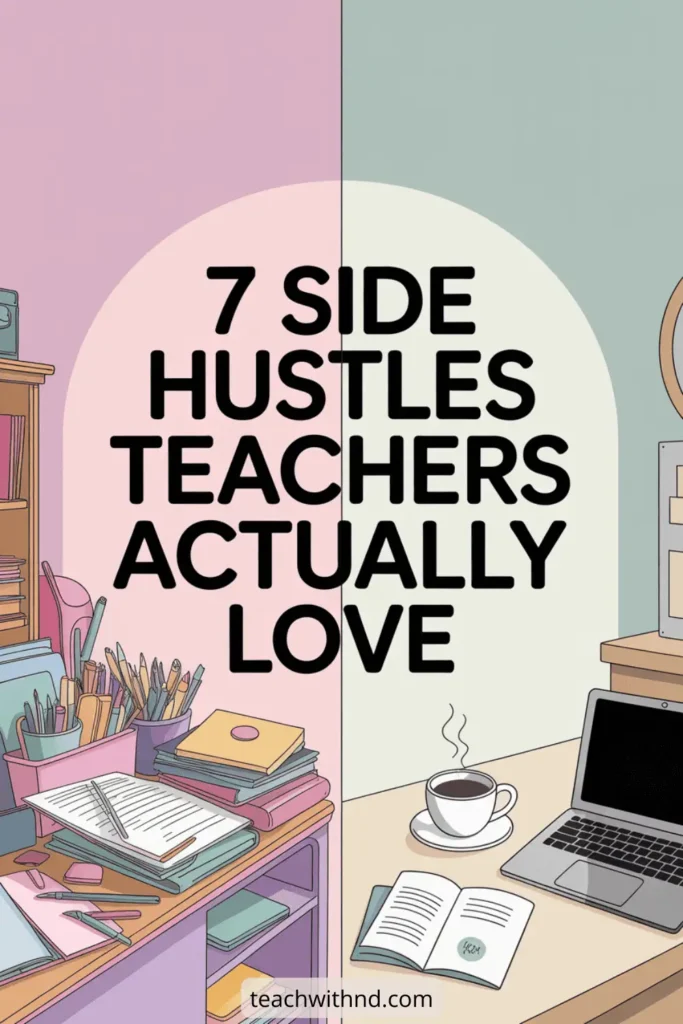 25 Best Side Hustles for Teachers (That Work in Real Life) 9 Split workspace illustration showing a cluttered classroom desk on one side and a clean home office with a laptop and coffee on the other, with text reading “7 Side Hustles Teachers Actually Love.” The website teachwithnd.com appears at the bottom.