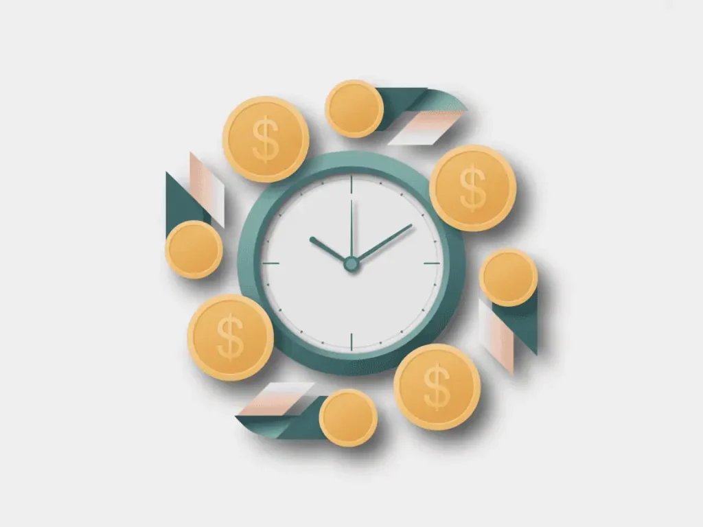  “Clock surrounded by dollar coins—illustrating time management and earning potential as a virtual assistant.”
