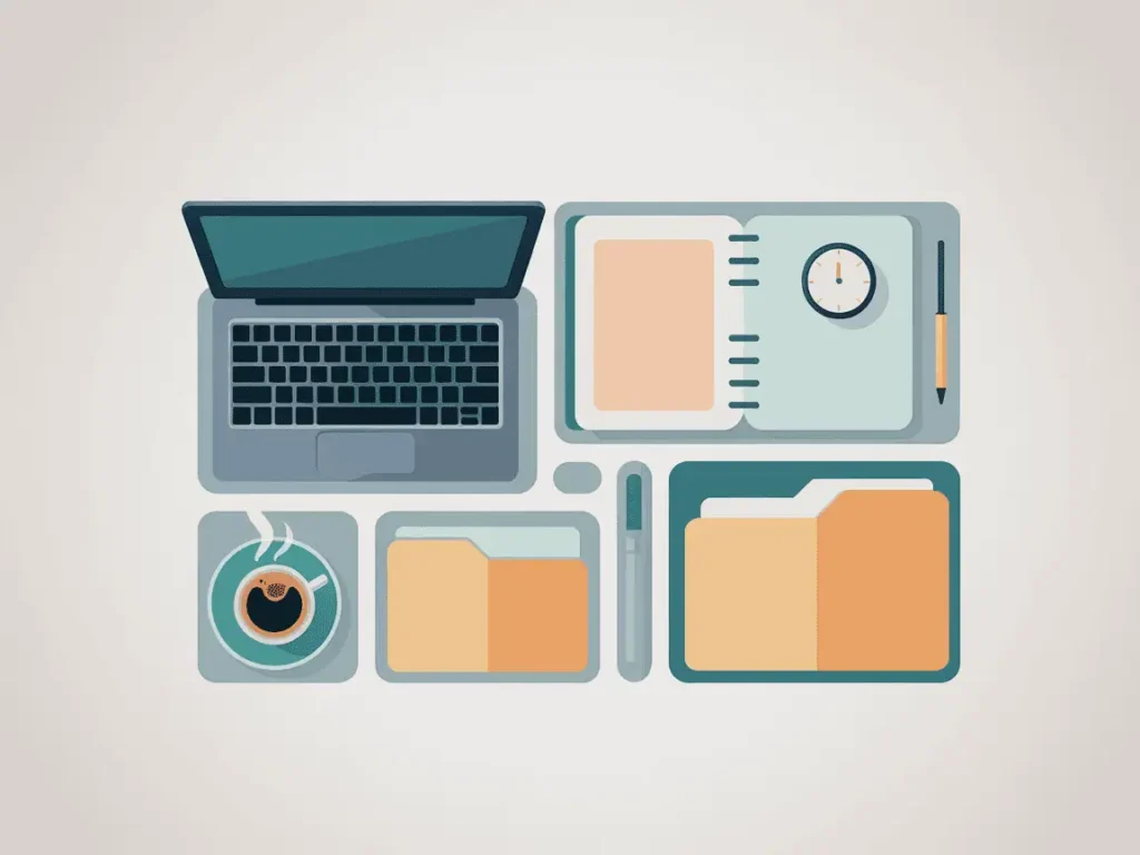 “Flat lay of an organized workspace with laptop, planner, notebooks, and coffee—ideal setup for virtual assistant productivity.”
